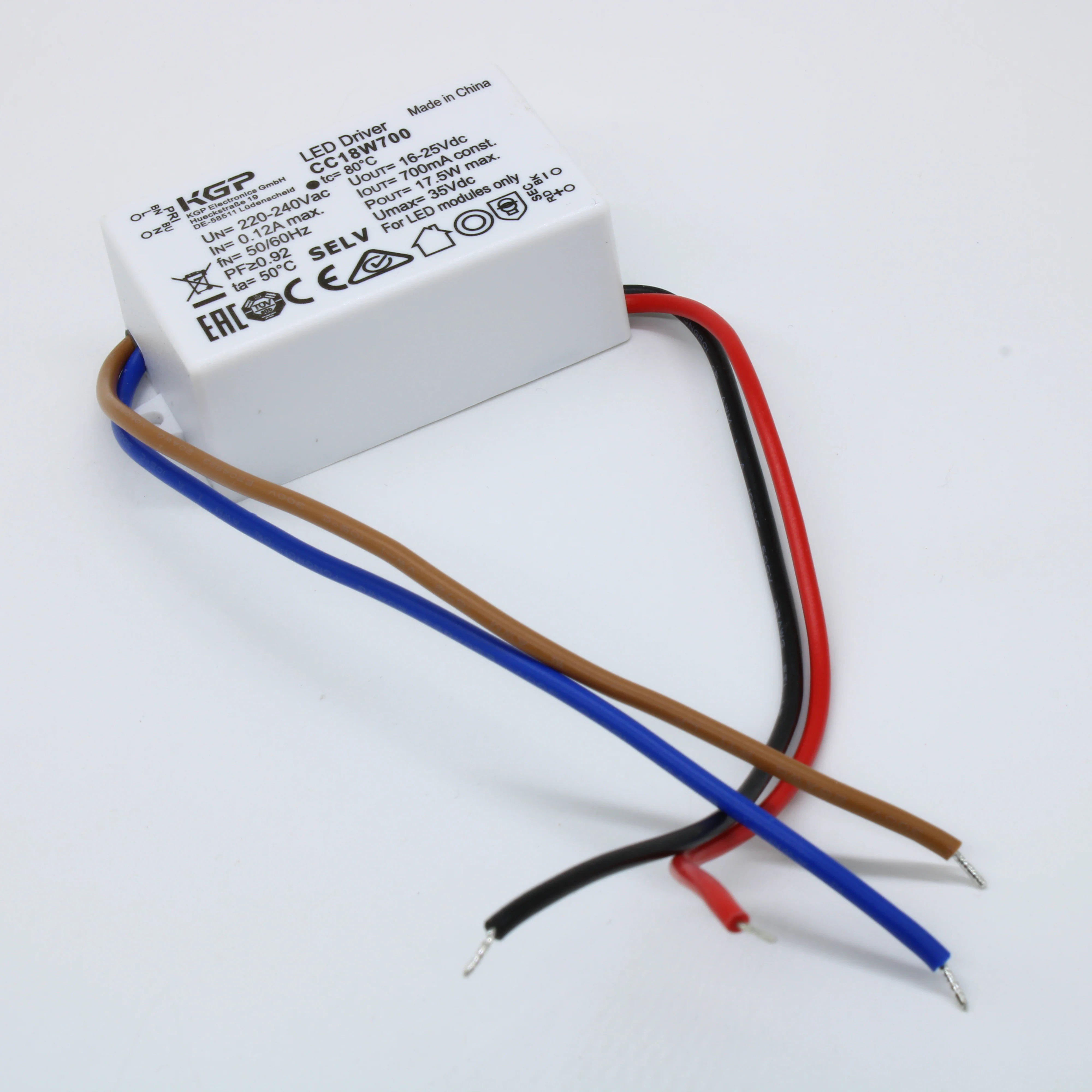 CC18W700 - AC-DC, 18Вт, токовый выход, вход 198…264В AC, выход 700мА/16…25В, ККМ, в кожухе 58х36х23мм, -20…+50°С