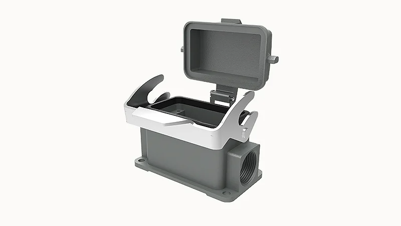 Закрытое основание разъема D10B-SF-1L-CV-2M20 - Основание разъема на панель, закрытое, типоразмер 10B, с уплотнителем, 2 отверстия с резьбой для кабельных вводов M20x1,5, с одной защелкой, с защитной крышкой, материал корпуса: алюминиевый сплав
