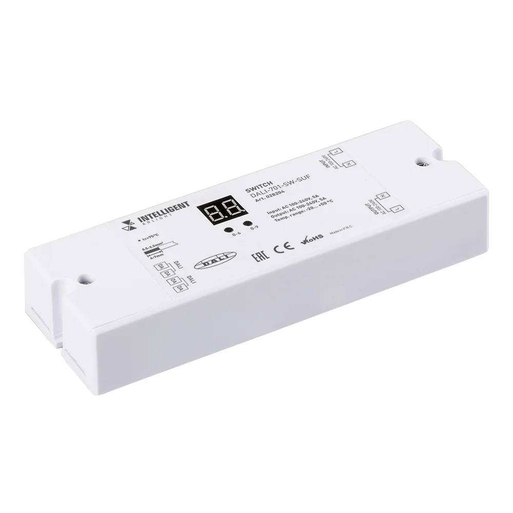 INTELLIGENT ARLIGHT Релейный модуль DALI-701-SW-SUF (BUS, 5A) 028204 - Релейный модуль с управлением по DALI для сети 220В, с релейным выходом. Вход / выход 100-240 V, ток резистивной нагрузки до 5А. Размеры 168х58х28 мм. Заменяется на 038539.