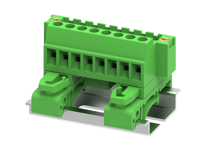 Вилочный разъем на кабель MC-PC5.08V17C-TF - Вилочный разъем, угловой, на кабель, шаг: 5.08 мм, 17 полюсов, фиксация провода винтовая, исполнение: с креплением на DIN35 и монтажными фланцами, 320V, 12A, цвет: зеленый