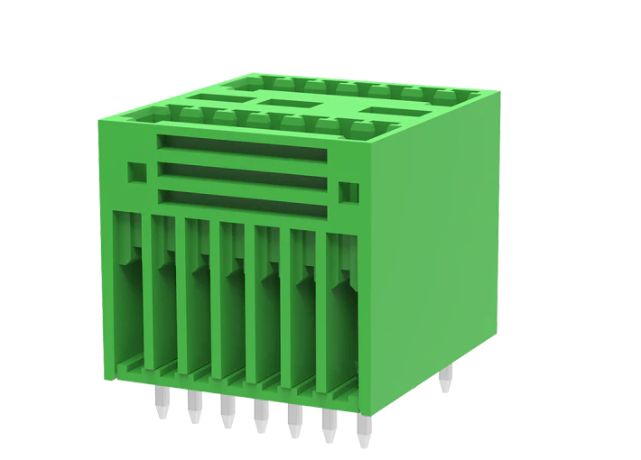 Вилочный разъем на плату MC-DPA2.5V22-0002 - Вилочный разъем, вертикальный, 2 этажа, на плату, шаг: 2.5 мм, 22x2 полюса, фиксация на плате пайкой, исполнение: стандартное, 160V, 4A, цвет: зеленый