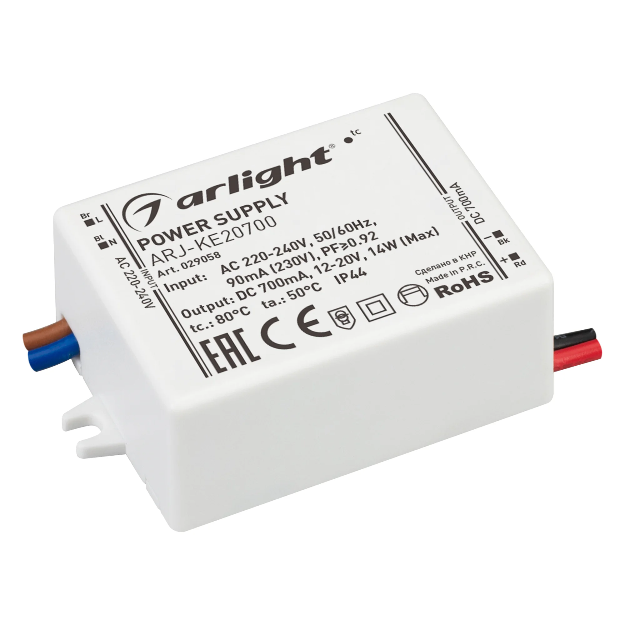 Блок питания ARJ-KE20700 (14W, 700mA, PFC) 029058 - Источник тока с гальванической развязкой для светильников и мощных светодиодов. Входное напряжение 220-240 VAC. Выходные параметры: 12-20 В, 700 mА, 14 Вт. Встроенный PFC >0.92. Негерметичный пластиковый