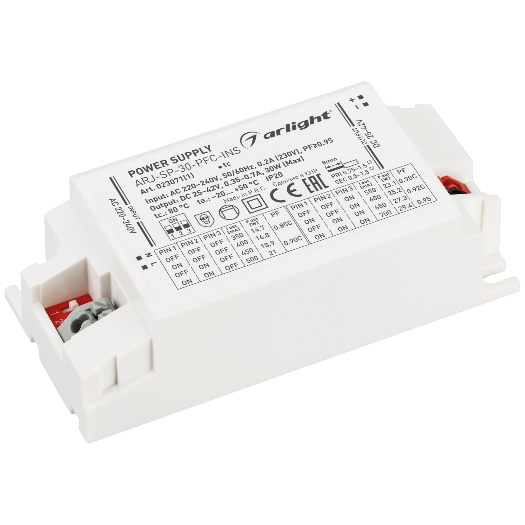 Блок питания ARJ-SP-30-PFC-INS (30W, 25-42V, 0.35-0.7A) 023071(1) - Регулируемый источник тока с гальванической развязкой для светильников и мощных светодиодов. Входное напряжение 220-240 VAC. Выходные параметры: 25-42 В, 350-700 мА, 30 Вт. Встроенный PFC