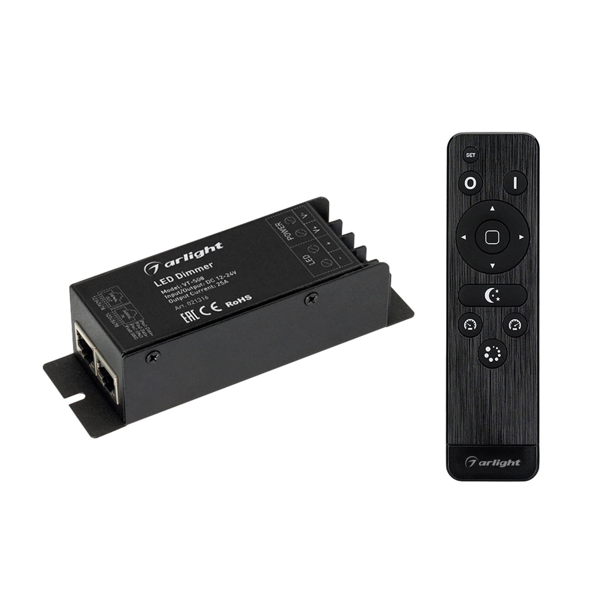 Диммер VT-S08-1x25A (12-24V, ПДУ Стик 12кн, RF) 021316 - 1-канальный диммер увеличенной мощности с RF радиопультом 12 кнопок. Питание 12-24VDC, макс.ток 1х25A, максимальная мощность 300-600W. Габариты 127x42x33 мм.
