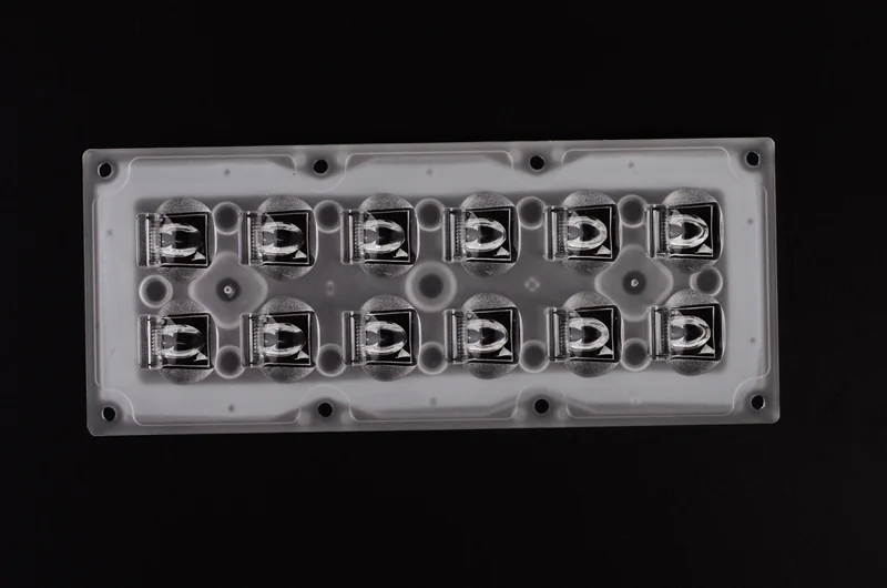 ALST173D12LED5050T3M - Групповая прямоугольная линза 2x6 на 12 светодиодов 3030/3535/5050, эфф=93%, диаграмма T3 , 173x71.4mm   H:9,38mm, PMMA