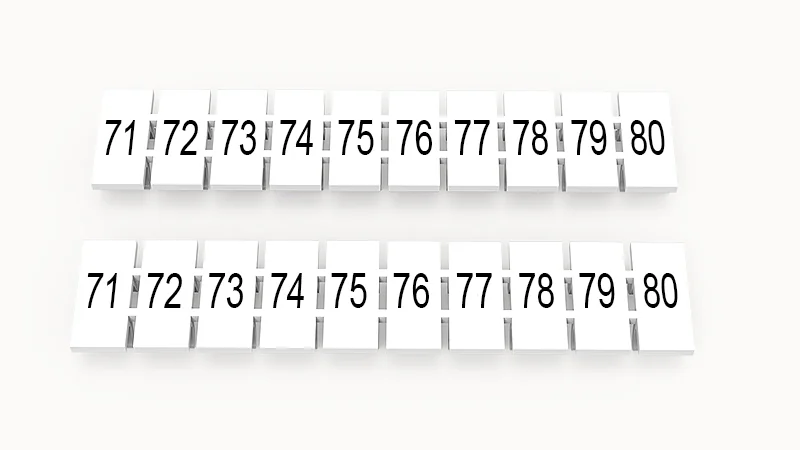 Марк.  полоска ZB6-10P-19-18Z(H) - Маркировочные шильдики для клемм WS…, DC…, PC…, сечением 4 мм кв., центральная, 10 шильдиков нанесенные символы: 61-70, с вертикальным расположением, размер шильдика: 5,55х10,7 мм, цвет белый