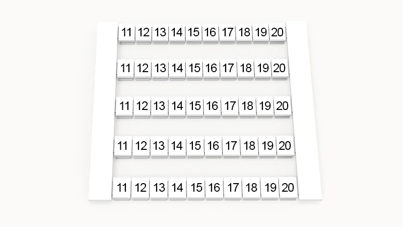 Марк. кассета DEK6-50P-19-05Z(H) - Кассета с шильдиками для клемм WS…, сечением 4 мм кв., боковая, 50 шильдиков, нанесенные символы: 11-20, 5 полосок, с вертикальным расположением, размер шильдика: 5,8х5,5 мм, цвет белый
