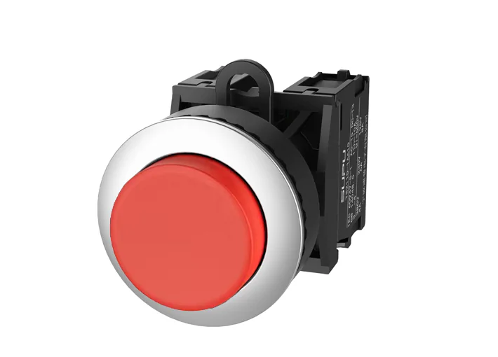 Кнопка выпуклая (красная) TS2520-0DL10-R20 - Кнопка круглая выпуклая, с блокировкой, без подсветки, утопленное алюминиевое переднее кольцо, с плавным нажатием, с контактной группой 2NO, диаметр головки кнопки 36 мм, диаметр посадочного отверстия: 22 мм, ц