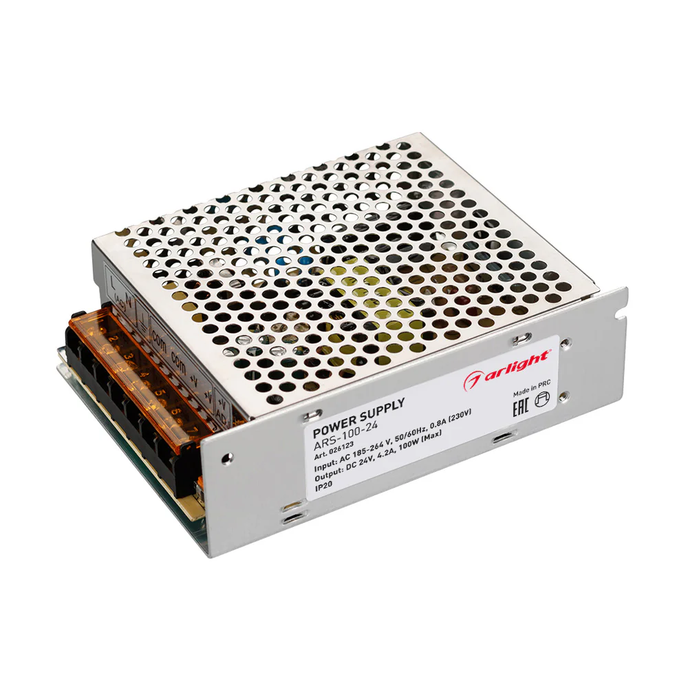 Блок питания ARS-100-24 (24V, 4.2A, 100W) 026123 - Источник напряжения с гальванической развязкой для светодиодных изделий. Входное напряжение 185-264 VAC. Выходные параметры: 24 В, 4,2 А, 100 Вт. Встроенный PFC >0,5. Негерметичный алюминиевый сетчатый ко
