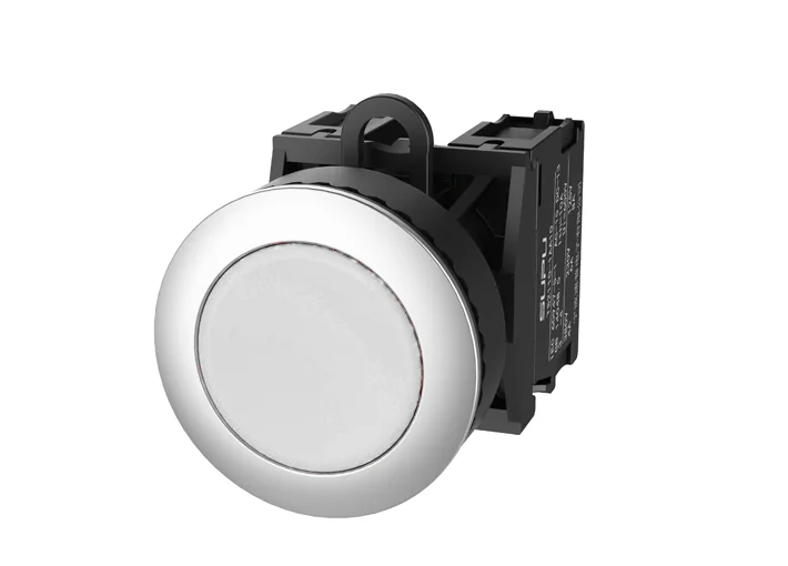 Кнопка плоская (белая) TS2520-0CL50-R20 - Кнопка круглая плоская, с блокировкой, без подсветки, утопленное алюминиевое переднее кольцо, с плавным нажатием, с контактной группой 2NO, диаметр головки кнопки 36 мм, диаметр посадочного отверстия: 22 мм, цвет: