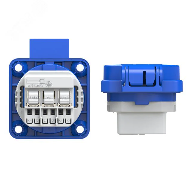 Розетка встраиваемая 16А/250V/2P+E/IP54 50x50 подключение сзади синяя безвинтовые клеммы 00-00002587