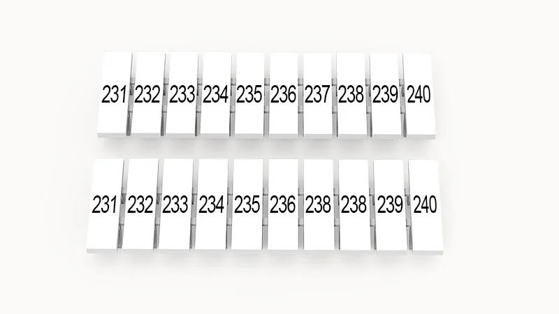 Марк.  полоска ZB3.5-10P-19-33Z(H) - Маркировочные шильдики для клемм DS…, сечением 1,5 мм кв., центральная, 10 шильдиков нанесенные символы: 231-240, с вертикальным расположением, размер шильдика: 2,95х10,7 мм, цвет белый