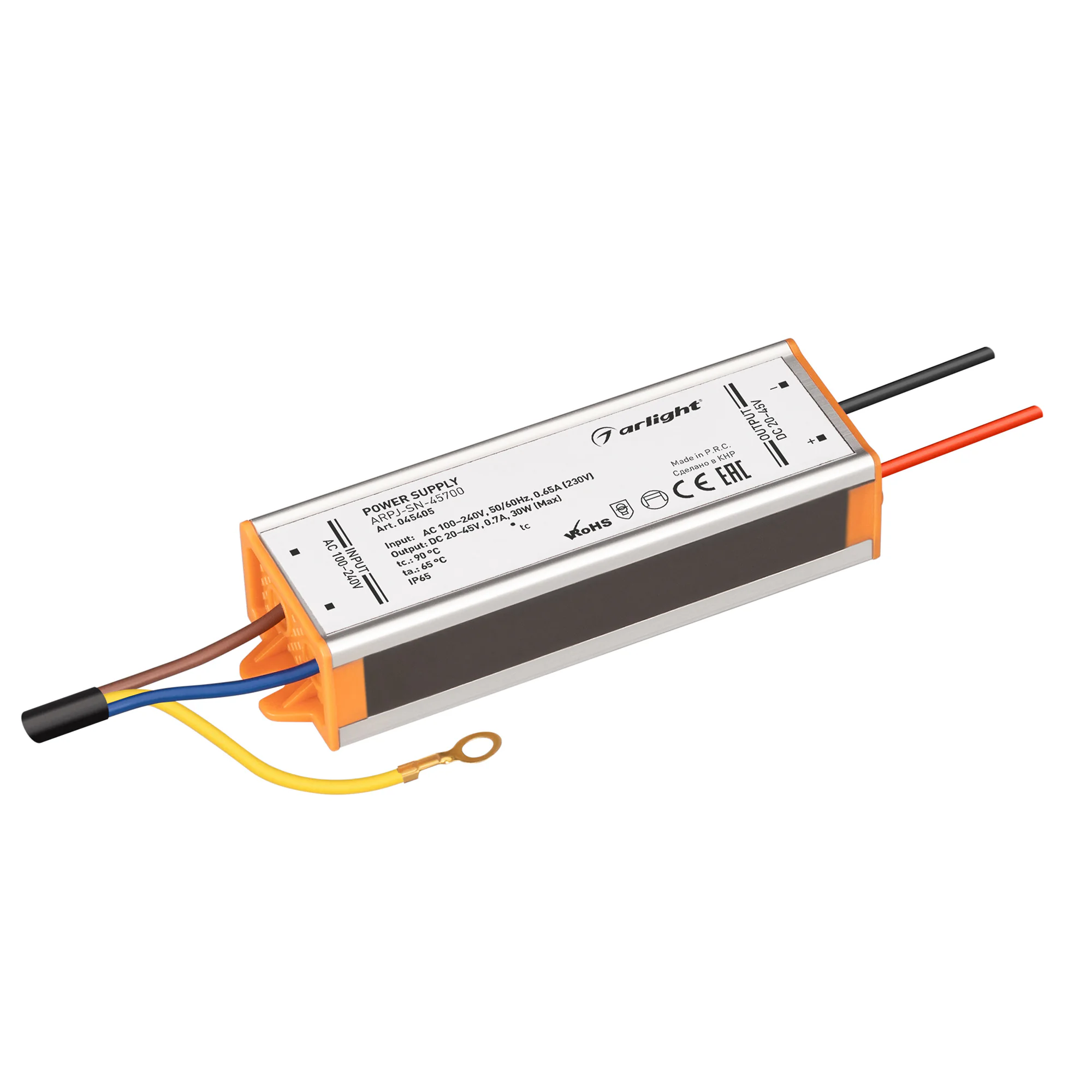 Блок питания ARPJ-SN-45700 (30W, 20-45V, 700mA) 045405 - Источник тока с гальванической развязкой для уличных светильников и мощных светодиодов. Входное напряжение 100-240 VAC. Выходные параметры: 20-45 В, 700 mА, 30 Вт. PF >0.5. Герметичный металлический