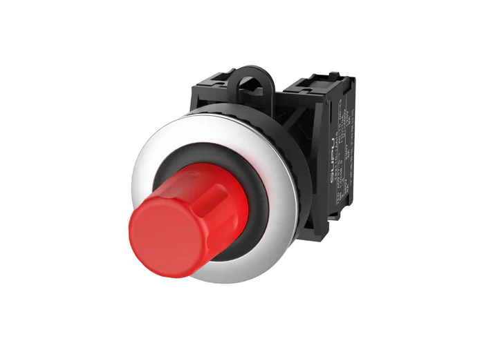 Кнопка "СТОП" (красная) TS2520-0RL10-R20 - Нажимная кнопка "СТОП", с блокировкой, без подсветки, утопленное алюминиевое переднее кольцо, с плавным нажатием, с контактной группой 2NO, диаметр головки кнопки 36 мм, диаметр посадочного отверстия: 22 мм, цвет
