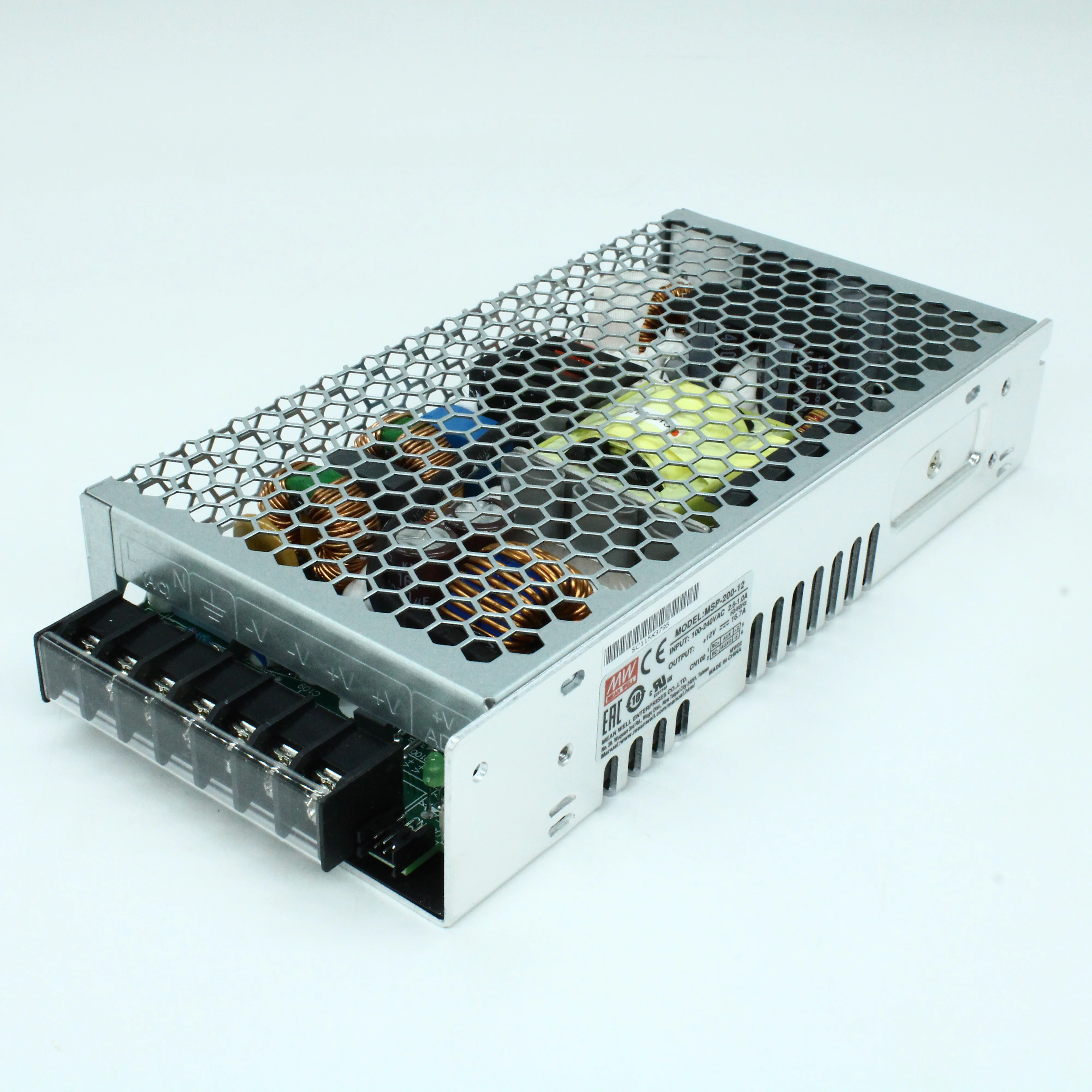 MSP-200-12 - AC-DC, med, ККМ, 200.4Вт, вход 85…264В AC, 47…63Гц /120…370В DC, выход 12В/16.7A,  рег. вых 10.2…13.8В, изоляция 4000В AC, в кожухе 199х98х38мм, -40…+70°С, доп. выход 5В/0.3А