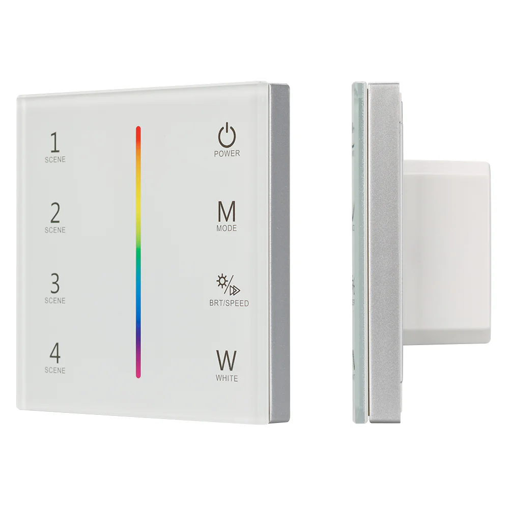 Панель Sens SMART-P22-RGBW White (12-24V, 4x3A, 2.4G) 025168 - Встраиваемая сенсорная стеклянная панель 2.4 ГГц, цвет белый. Для управления светодиодными RGBW источниками света (ШИМ). Управление цветом с помощью сенсорной полосы. Работает в режиме master/