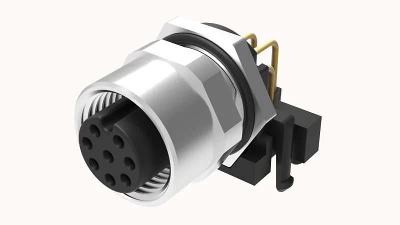 Розеточный разъем SR-M12B-05P-FF-SF7003 - Розеточный разъем для монтажа на печатную плату, 5 полюсов, M12, гайка спереди, угол 90 град., фиксация провода пайкой, B-Code, 4A, 60V, M12*1.0, металл