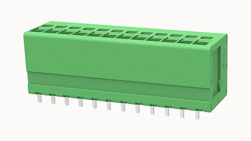 PCB клемма DG271V-3.5-14P-14 - Клемма PCB, на плату, пайка, шаг 3,5 мм, 12 полюсов, угол монтажа 180 гад., сечение проводников: 0.2 - 1.5 мм кв., пружинная фиксация провода, 200V, 17,5А, цвет: зеленый, серия DG271V