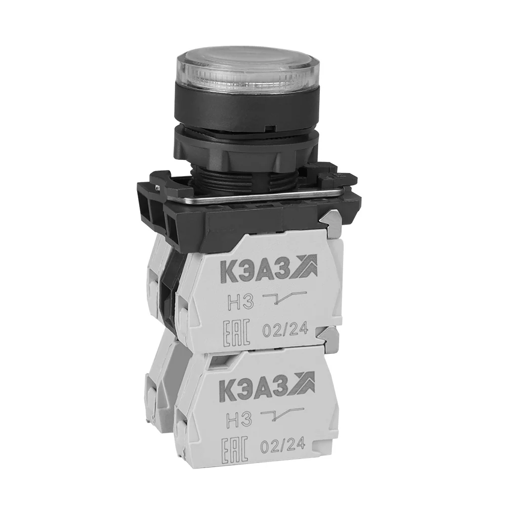 Кнопка КМЕ4622мЛ-24В-белый-2но+2нз-цилиндр-индикатор-IP65- 293183