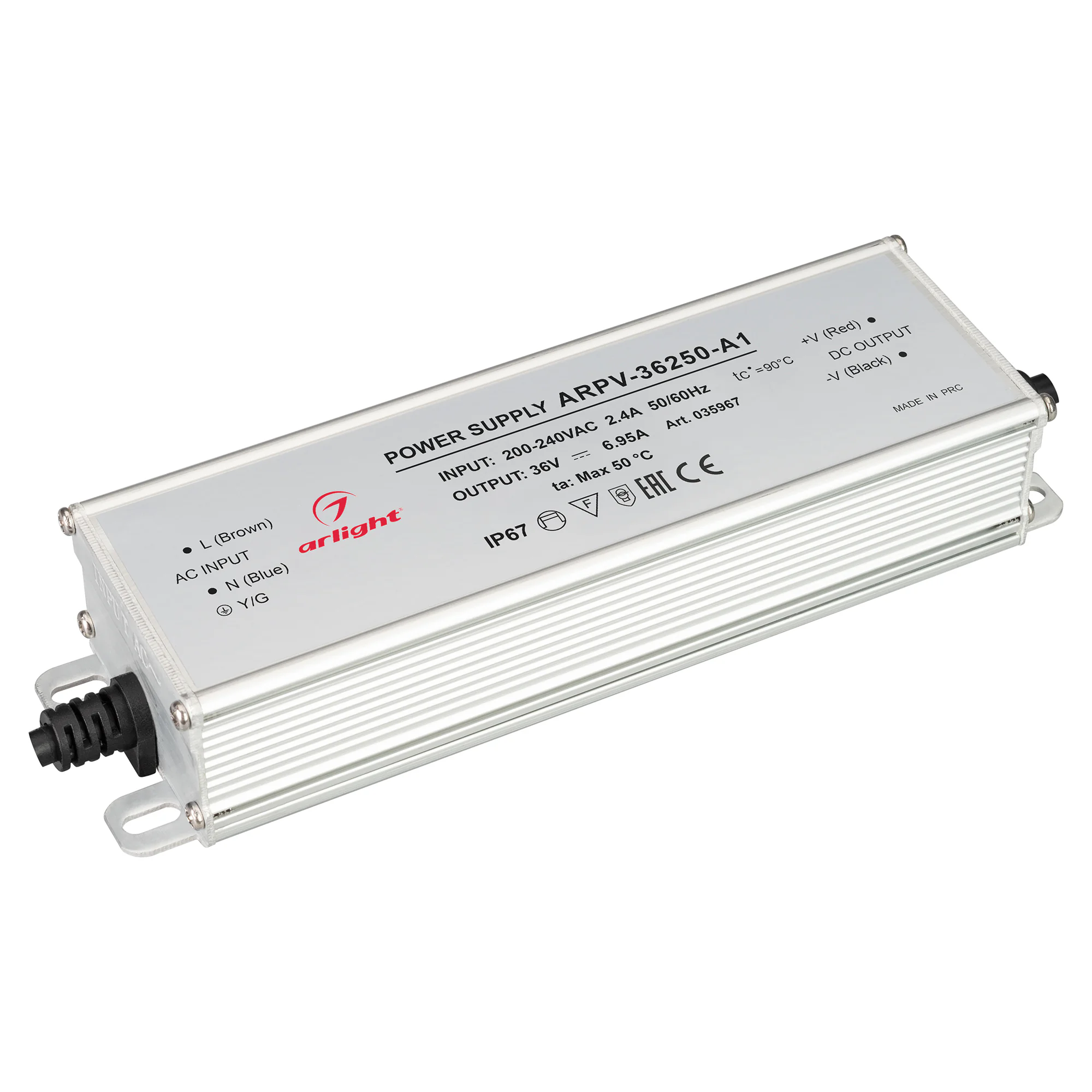 Блок питания ARPV-36250-A1 (36V, 6.95A, 250W) 035967 - Источник напряжения с гальванической развязкой для светодиодных изделий. Входное напряжение 200-240 VAC. Выходные параметры: 36 В, 6.95 А, 250 Вт. Встроенный PFC >0,5. Герметичный алюминиевый корпус I