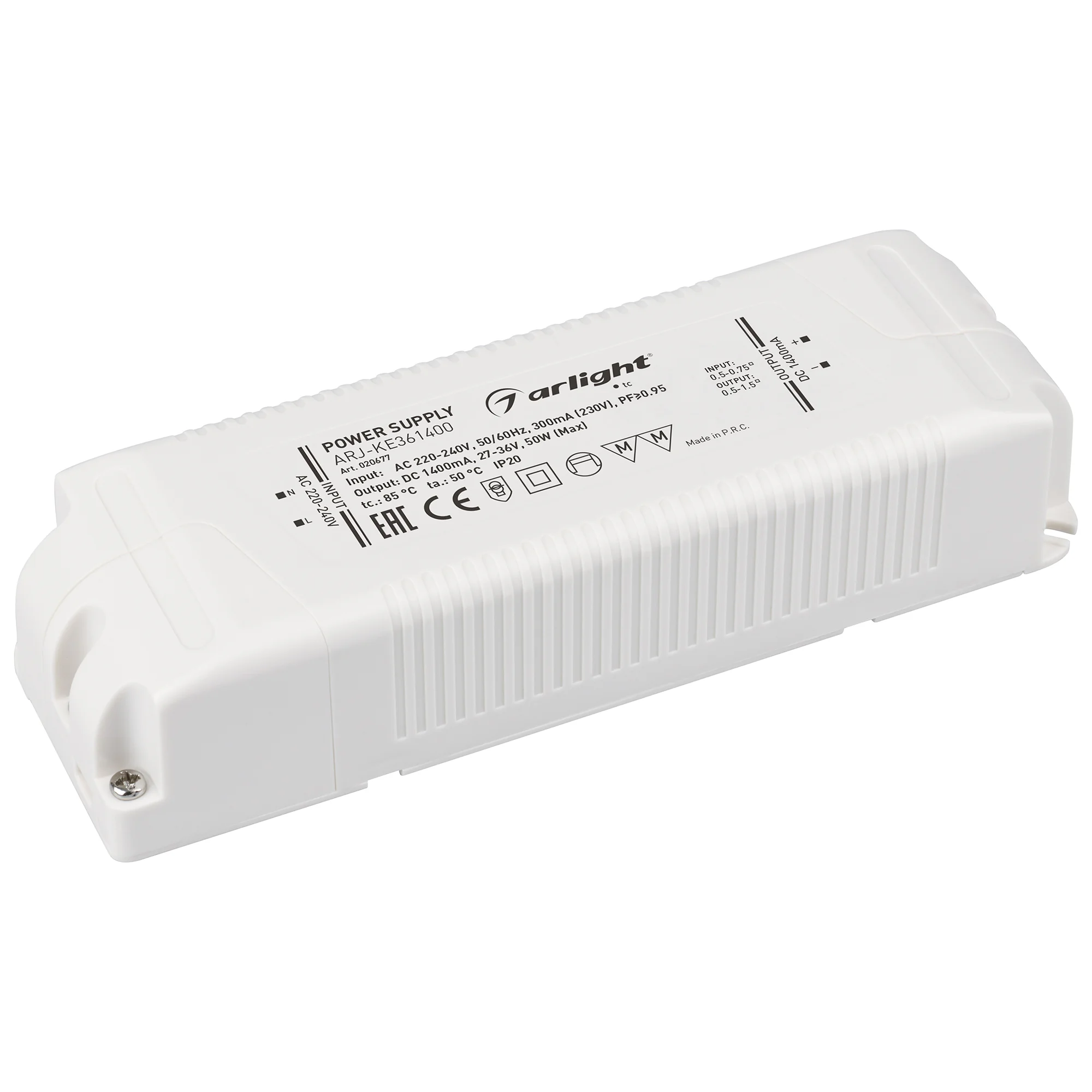 Блок питания ARJ-KE361400 (50W, 1400mA, PFC) 020677 - Источник тока с гальванической развязкой для светильников и мощных светодиодов. Входное напряжение 220-240 VAC. Выходные параметры: 27-36 В, 1400 mА, 50 Вт. Встроенный PFC >0.95. Негерметичный пластико
