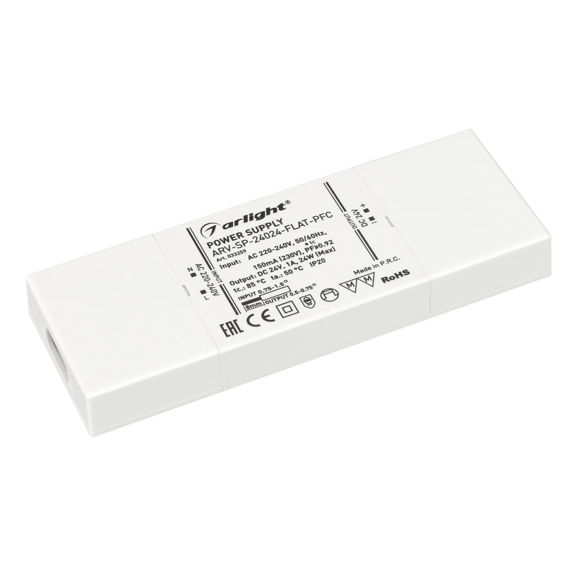 Блок питания ARV-SP-24024-FLAT-PFC (24V, 1A, 24W) 033259 - Источник напряжения с гальванической развязкой для светодиодных изделий. Входное напряжение 220-240 VAC. Выходные параметры: 24 В, 1 А, 24 Вт. Встроенный PFC >0.95. Сверхтонкий пластиковый корпус 