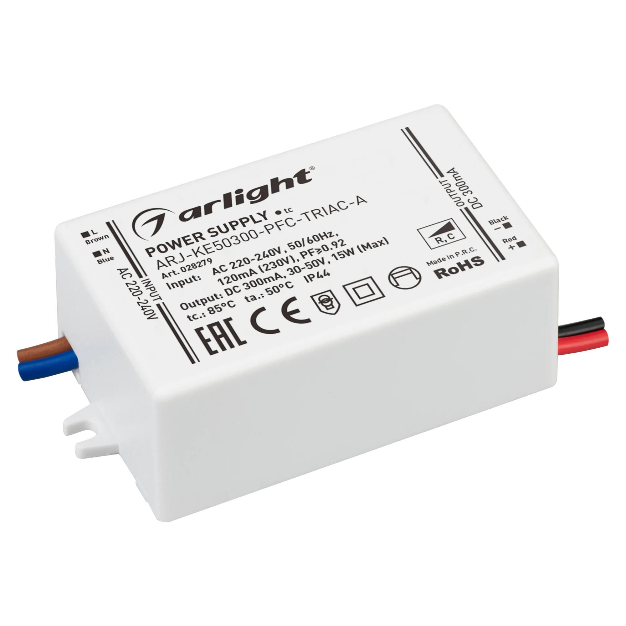 Блок питания ARJ-KE50300-PFC-TRIAC-A (15W, 300mA) 028279 - Диммируемый источник тока по стандарту TRIAC с гальванической развязкой для светильников и мощных светодиодов. Входное напряжение 220-240 VAC. Выходные параметры: 30-50 В, 300 mА, 15 Вт. Встроенны