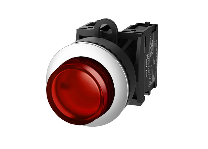 Кнопка выпуклая (красная) TS2527-0DM10-S20 - Кнопка круглая выпуклая, без блокировки, LED AC 220V, алюминиевое переднее кольцо, с мгновенным нажатием, с контактной группой 2NO, диаметр головки кнопки 29,5 мм, диаметр посадочного отверстия: 22 мм, цвет: кр
