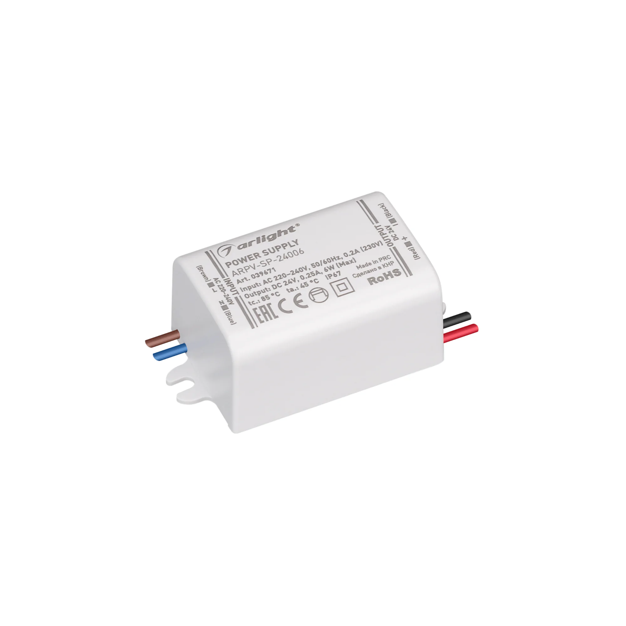 Блок питания ARPV-SP-24006 (24V, 0.25A, 6W) 039671 - Источник напряжения с гальванической развязкой для светодиодных изделий. Входное напряжение 220-240 VAC. Выходные параметры: 24 В, 0.25 А, 6 Вт, PF >0.5. Герметичный пластиковый корпус IP 67. Рабочая те