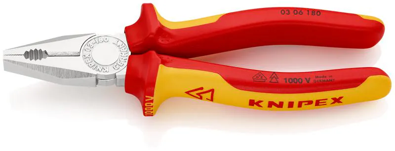 Пассатижи KN-0306180 - Плоскогубцы комбинированные с режущей кромкой, с изолированными многокомпонентными рукоятками, испытанными на соответствие нормам VDE, длина 180мм