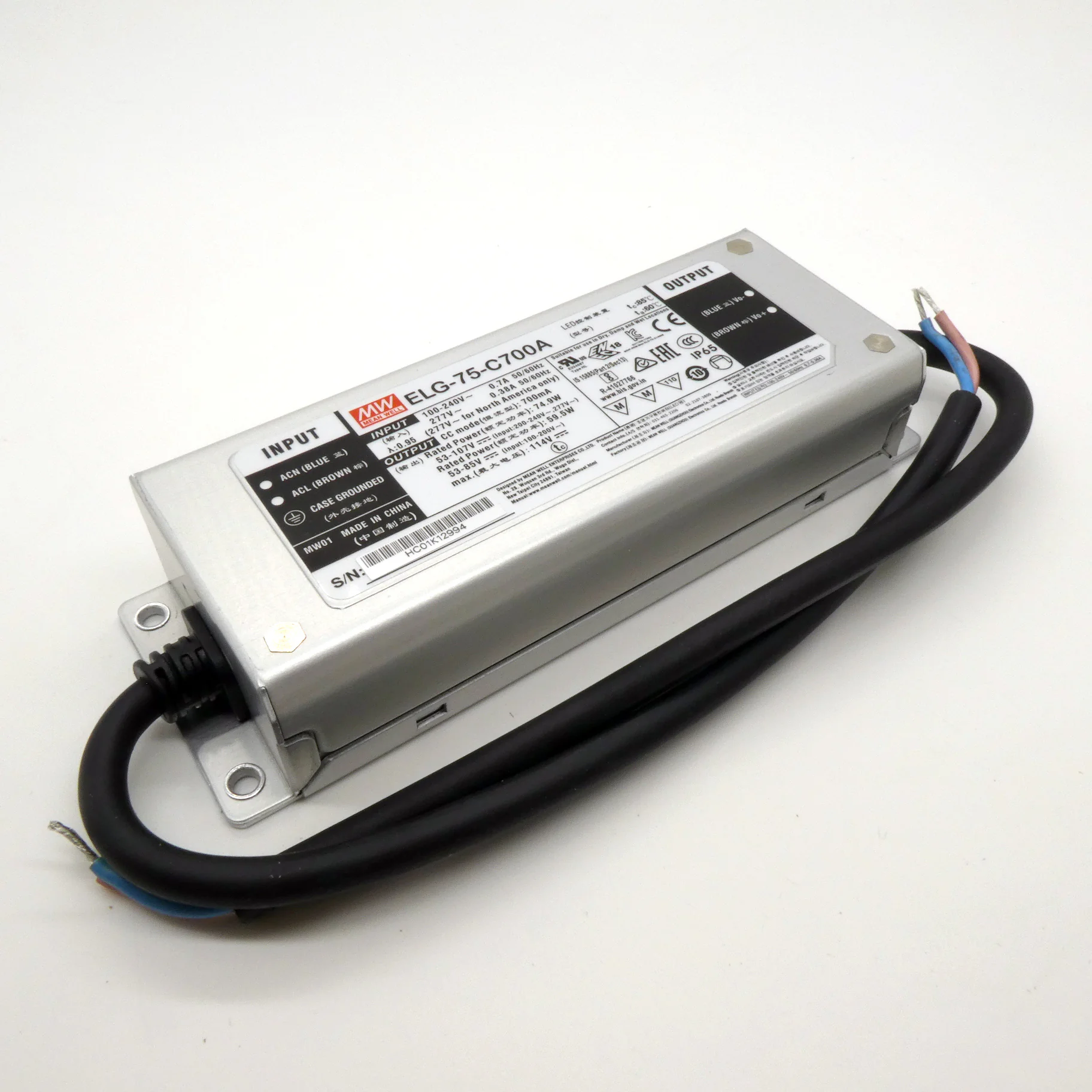 ELG-75-C700A - AC-DC, 74.9Вт, IP65, вход 100…305В AC, 47…63Гц/142…431В DC, ККМ, выход 53…107В/700мА, изоляция 3750В AC, в кожухе 180х63х35.5, -40…+85°С (корпус), рег. выхода