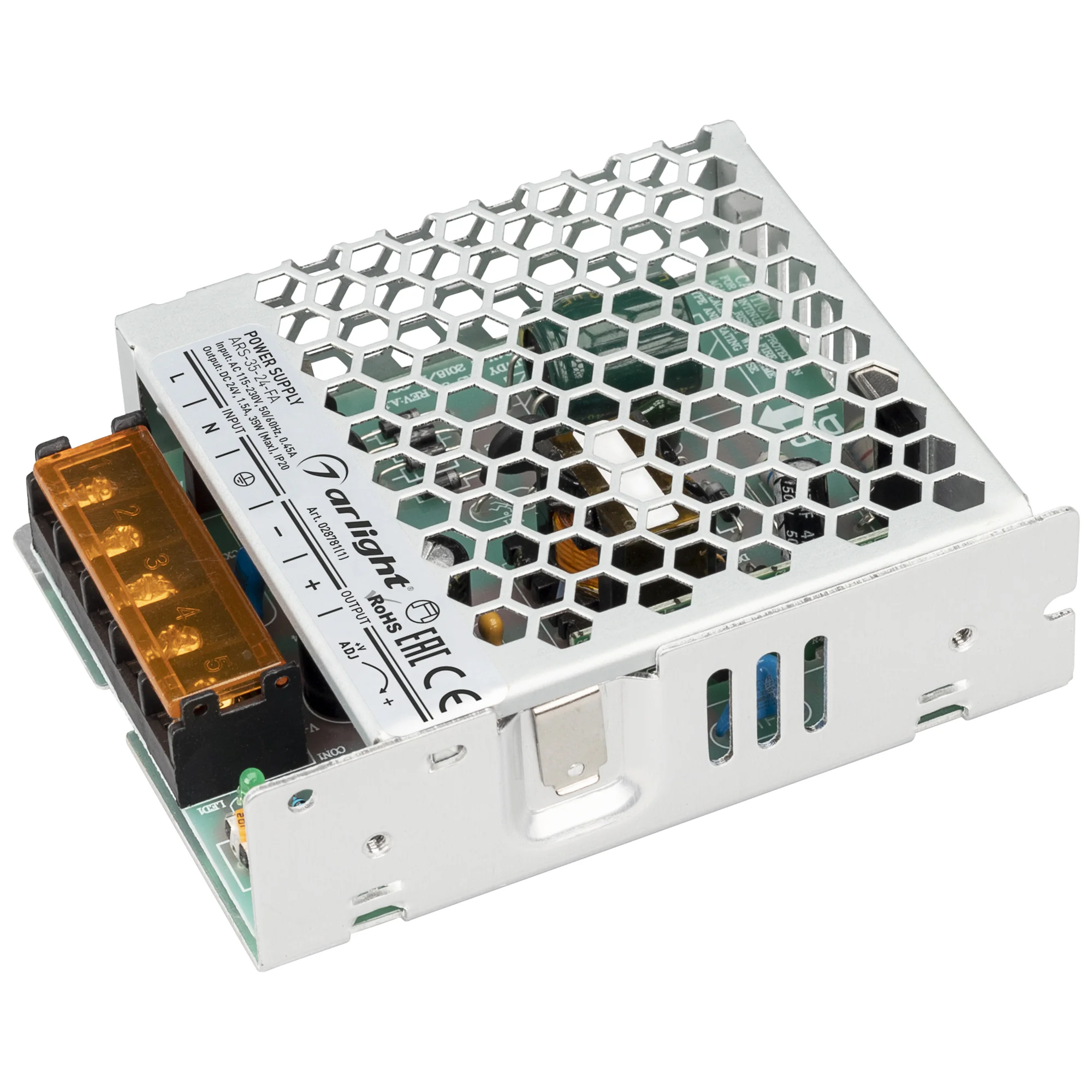 Блок питания ARS-35-24-FA (24V, 1.5A, 35W) 028781(1) - Источник напряжения с гальванической развязкой для светодиодных изделий. Входное напряжение 115-230 VAC. Выходные параметры: 24 В, 1,5 А, 35 Вт. Встроенный PFC >0,5. Негерметичный алюминиевый сетчатый