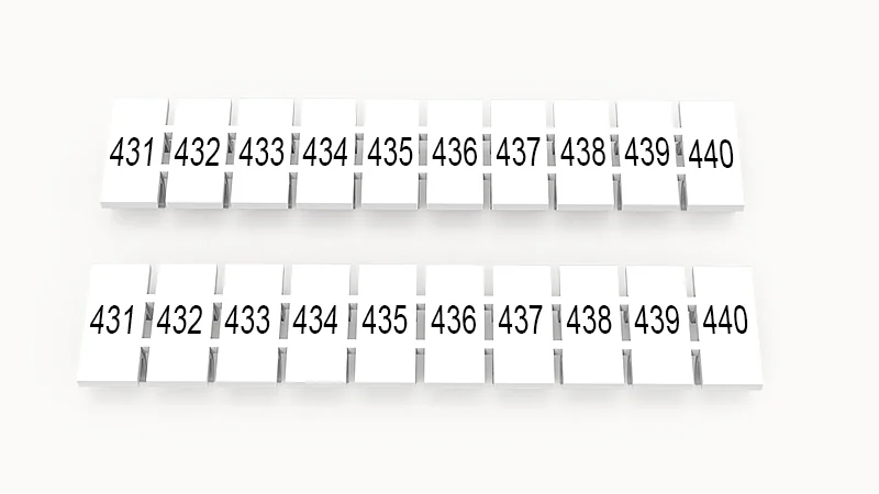 Марк.  полоска ZB5-10P-19-519Z(H) - Маркировочные шильдики для клемм WS…, DC…, PC…, сечением 2,5 мм кв., центральная, 10 шильдиков, нанесенные символы: 431-440 с вертикальным расположением, размер шильдика: 4,55х10,7 мм, цвет белый