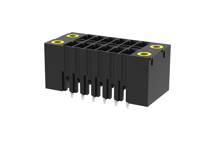 Вилочный разъем на плату MC-DPAN3.5V14-F-BK-2600 - Вилочный разъем, вертикальный, 2 этажа, на плату, шаг: 3.5 мм, 14х2 полюсов, фиксация на плате пайкой, исполнение: с монтажными фланцами, 160V, 8A, цвет: черный