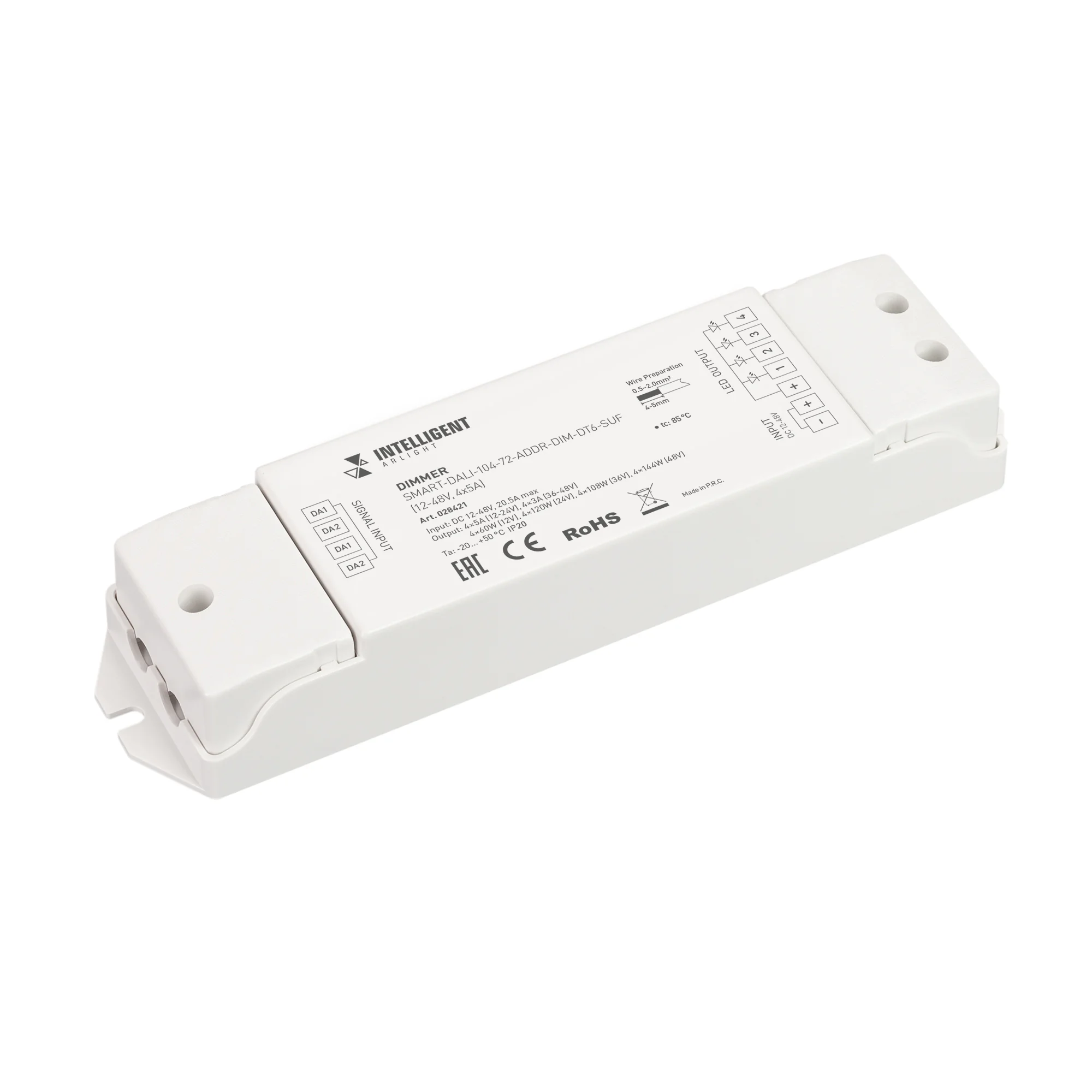 INTELLIGENT ARLIGHT Диммер SMART-DALI-104-72-ADDR-DIM-DT6-SUF (12-48V, 4x5A) 028421 - Диммер DALI (DT6) для одноцветных светодиодных лент. 4 адреса устройств, 4 канала управления. Питание/выход 12-48VDC, ток нагрузки 4x5A, максимальная суммарная мощность 