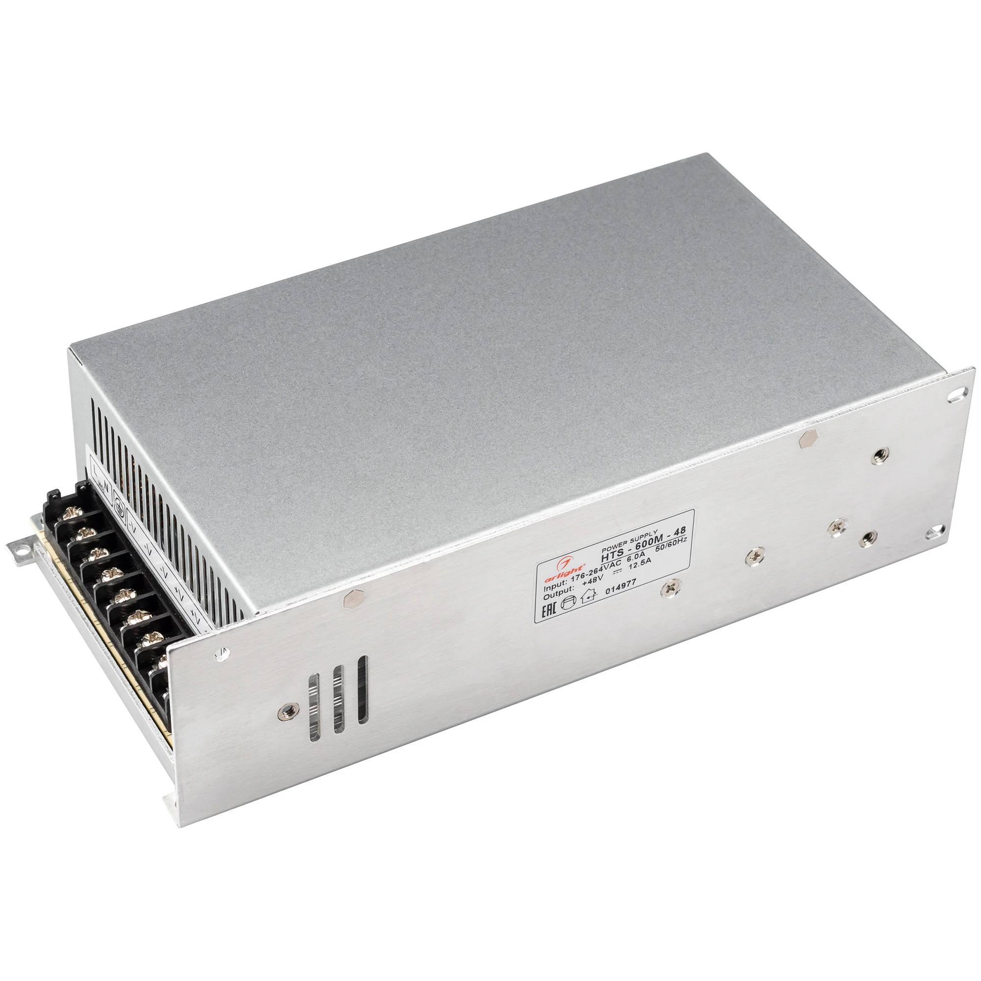 Блок питания HTS-600M-48 (48V, 12.5A, 600W) 014977 - Поставка под заказ от 200 шт. Источник напряжения с гальванической развязкой для светодиодных изделий. Входное напряжение 176-264 VAC. Выходные параметры: 48 В, 12,5 А, 600 Вт. Встроенный PFC >0,5. Неге