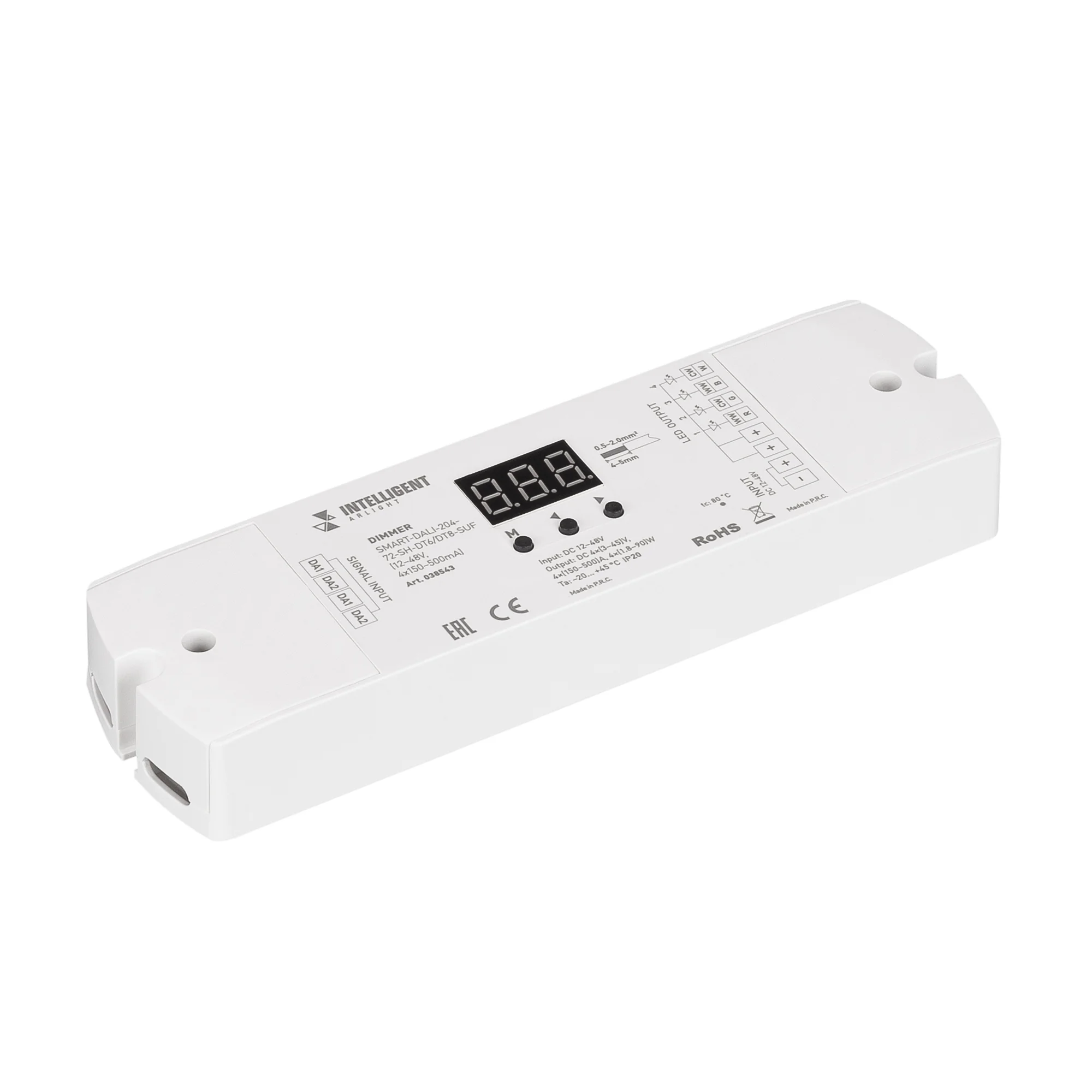 INTELLIGENT ARLIGHT Диммер SMART-DALI-204-72-SH-DT6/DT8-SUF (12-48V, 4x350-1200mA) 038544 - Диммер DALI для светильников. Возможность смены стандарта DALI - DT6/DT8. Питание/выход DC 12-48V, выход DC 3-45V, 4 раздельных канала, ток нагрузки 4х(350-1200mA)
