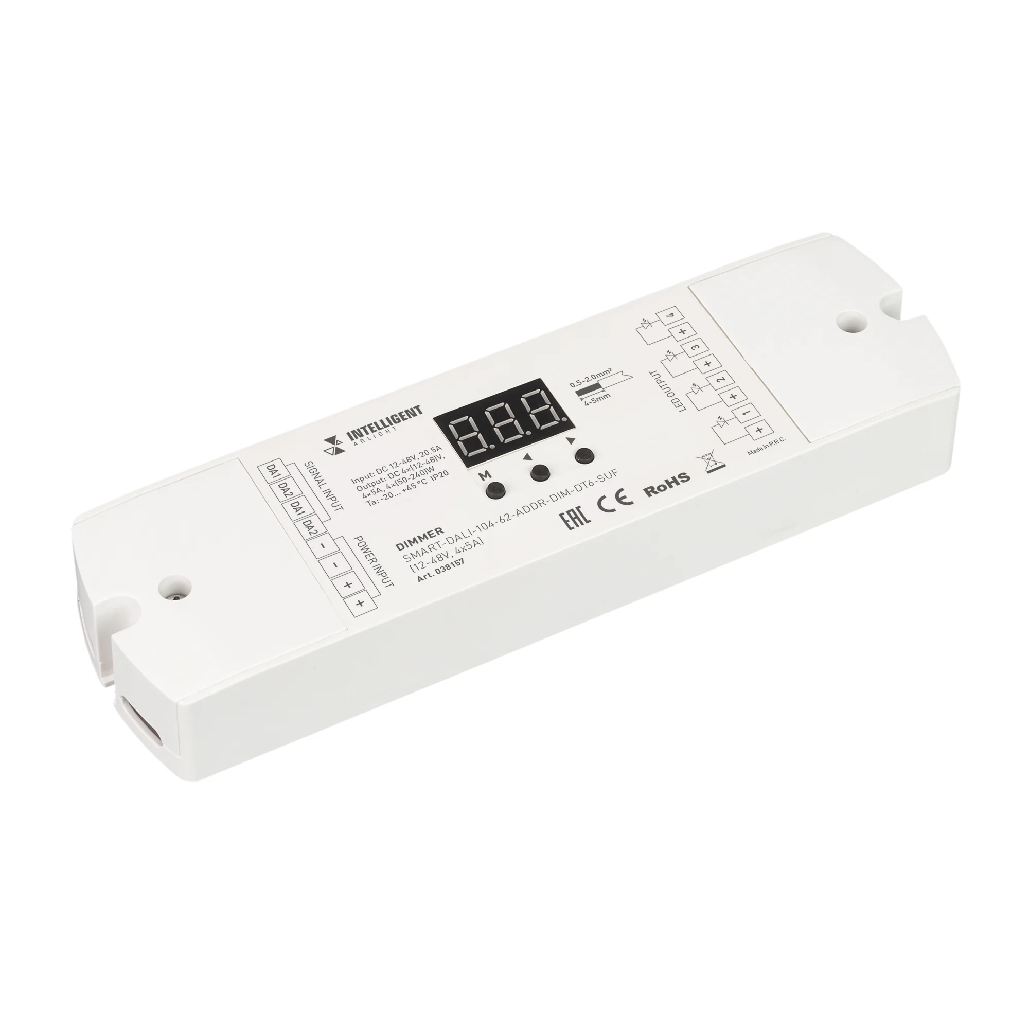 INTELLIGENT ARLIGHT Диммер SMART-DALI-104-62-ADDR-DIM-DT6-SUF (12-48V, 4x5A) 038157 - Диммер DALI (DT6) для одноцветных светодиодных лент. 4 адреса устройств, 4 канала управления, цифровой дисплей и кнопки на корпусе. Питание/выход 12-48VDC, ток нагрузки 
