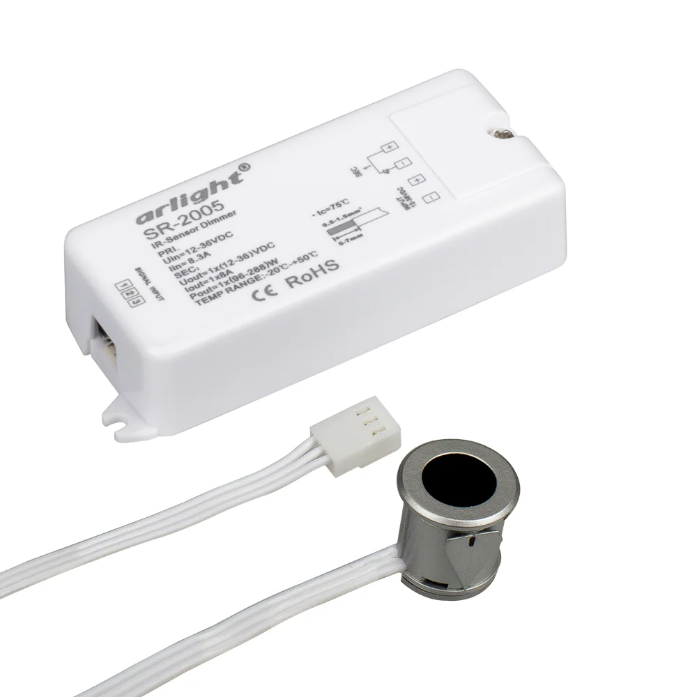 Диммер SR-2005 Silver-R (12-36V, 96-288W, IR-Sensor) 020211 - Диммер с внешним сенсором (сенсор серебристый в комплекте). Питание/рабочее напряжение блока управления DC 12-36 В, максимальный ток 8 A на канал, 1 канал, максимальная мощность 96-288 Вт. Расс
