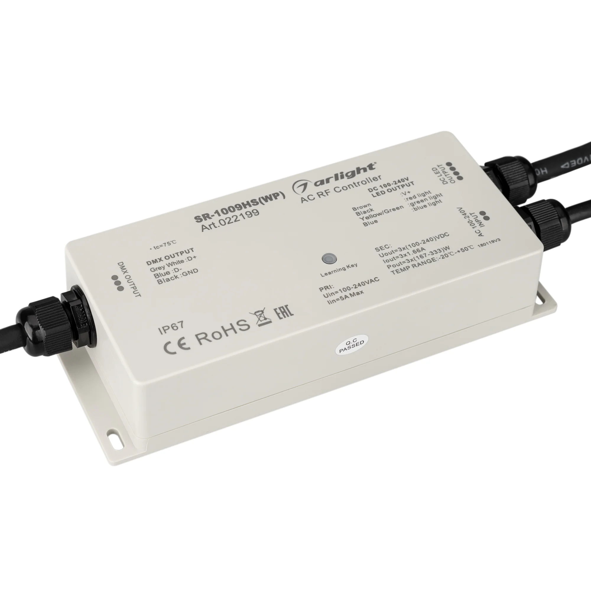 Контроллер SR-1009HSWP (230V, 3x1.66A) 022199 - Герметичный IP67 контроллер RGB с RF управлением (пульт поставляется отдельно), выходом DMX512 и тиристорным выходом TRIAC/MOSFET с выпрямленным током DC. Мощность активной нагрузки (RGB-неон, лампы накалива