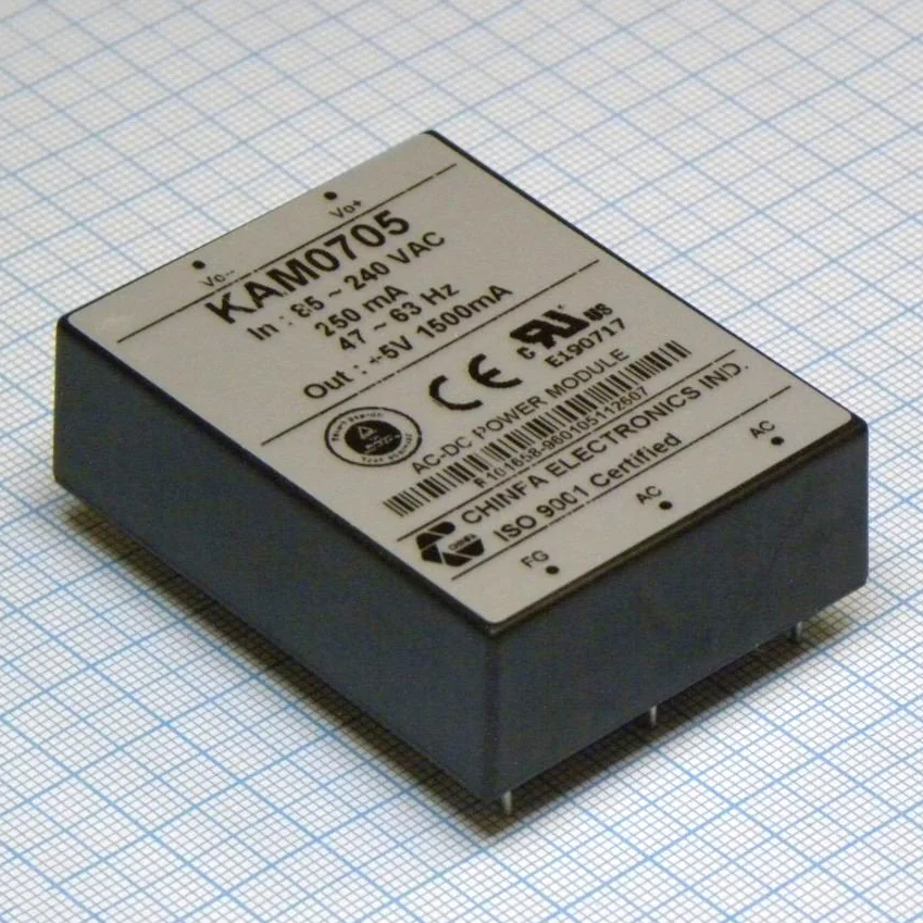 KAM0705 - AC-DC, 7Вт, выход 5В/1.5A, вход 85…265V AC, 47…63Гц / 120...370V DC , изоляция 3000V AC, в кожухе 58х45х19мм, -20…+50°С