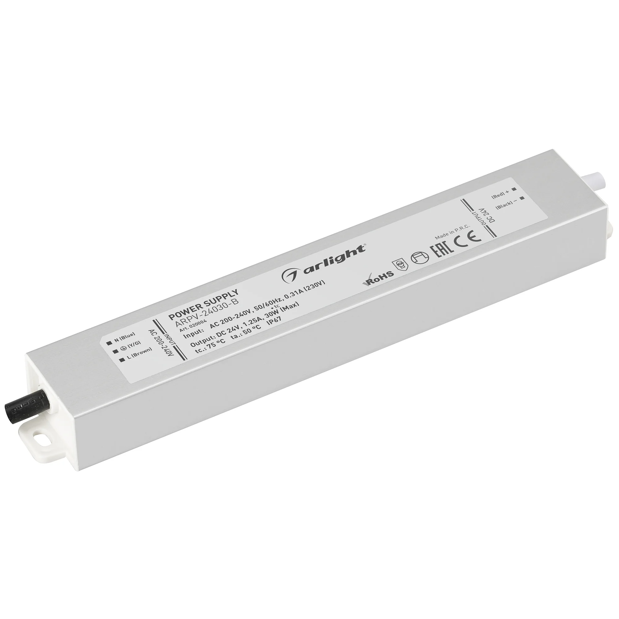 Блок питания ARPV-24030-B (24V, 1.3A, 30W) 020004 - Источник напряжения с гальванической развязкой для светодиодных изделий. Входное напряжение 200-240 VAC. Выходные параметры: 24 В, 1,25 А, 30 Вт. Встроенный PFC >0,5. Герметичный алюминиевый корпус IP 67