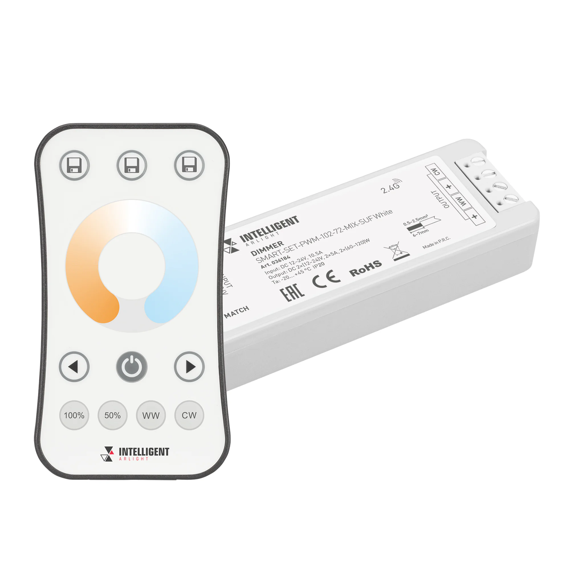 INTELLIGENT ARLIGHT Диммер SMART-SET-PWM-102-72-MIX-SUF White (12-24V, 2x5A, ПДУ RING 10кн, 2.4G) 036184 - Комплект диммер с пультом для MIX светодиодной ленты (ШИМ). Питание/рабочее напряжение 12-24VDC, максимальный ток 5A на канал, 2 канала, максимальна