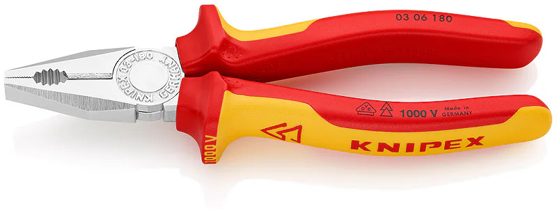 Диэлектрические пассатижи KN-0306180SB - Плоскогубцы комбинированные, с режущей кромкой, с изолированными многокомпонентными рукоятками, испытанными на соответствие нормам VDE, длина 180мм