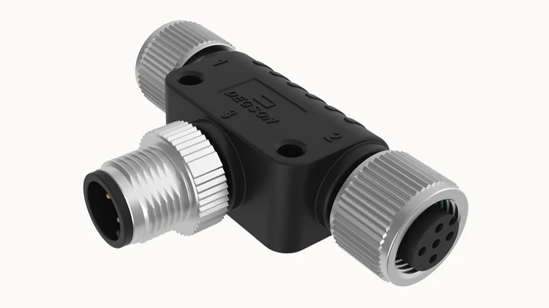 Распред. устройство FT-M12A-05M-M12A-05F-Q-0200 - Распределительное устройство, T-образное, 5 полюсов, 1 вход (вилка) / 2 выхода (розетка), M12, A-Code, 4A, 60V, пластик