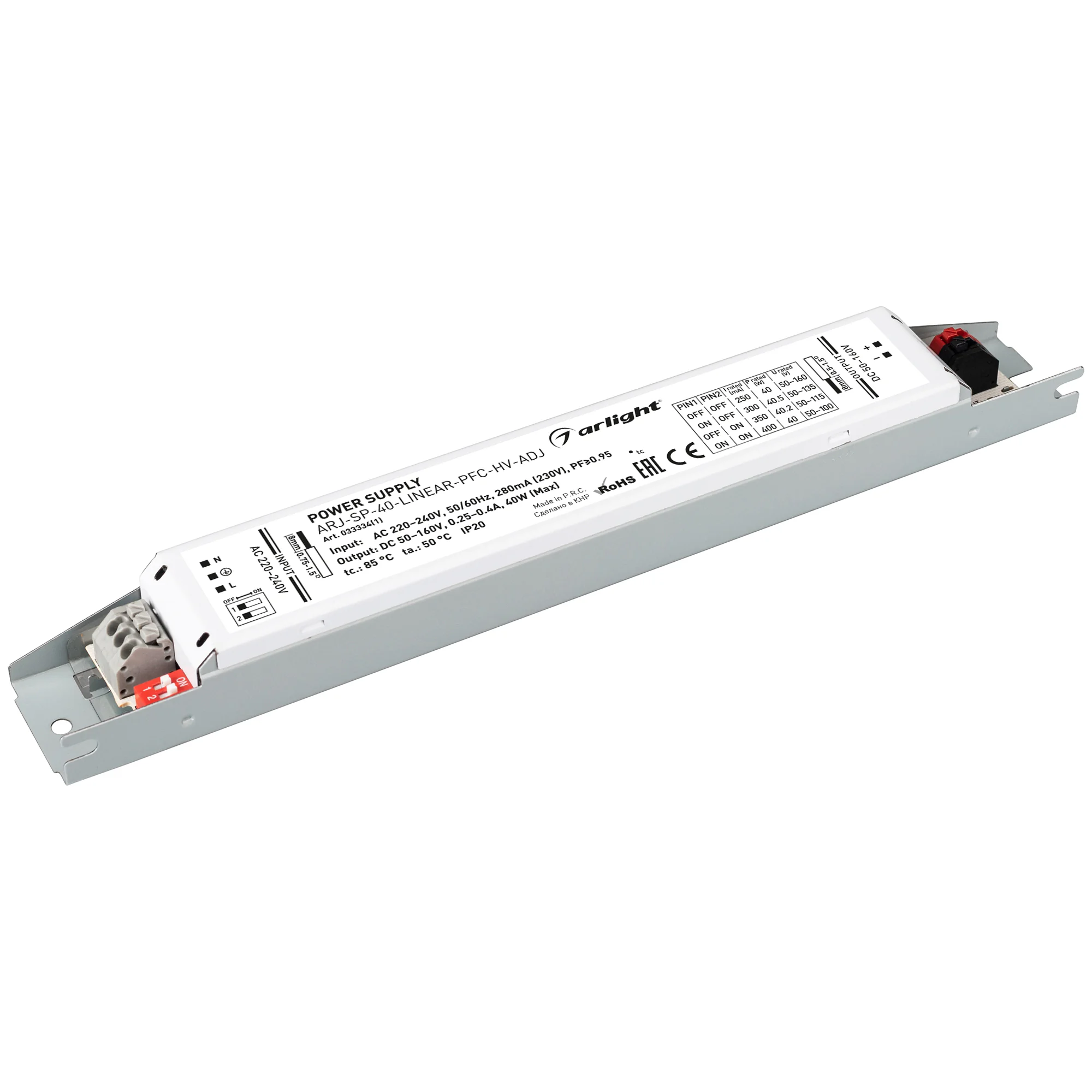 Блок питания ARJ-SP-40-LINEAR-PFC-HV-ADJ (40W, 50-160V, 0.25-0.4A) 033334(1) - Регулируемый источник тока без гальванической развязки для светильников и мощных светодиодов. Входное напряжение 220-240 VAC. Выходные параметры: 50-160В (250мА), 50-135В (300м