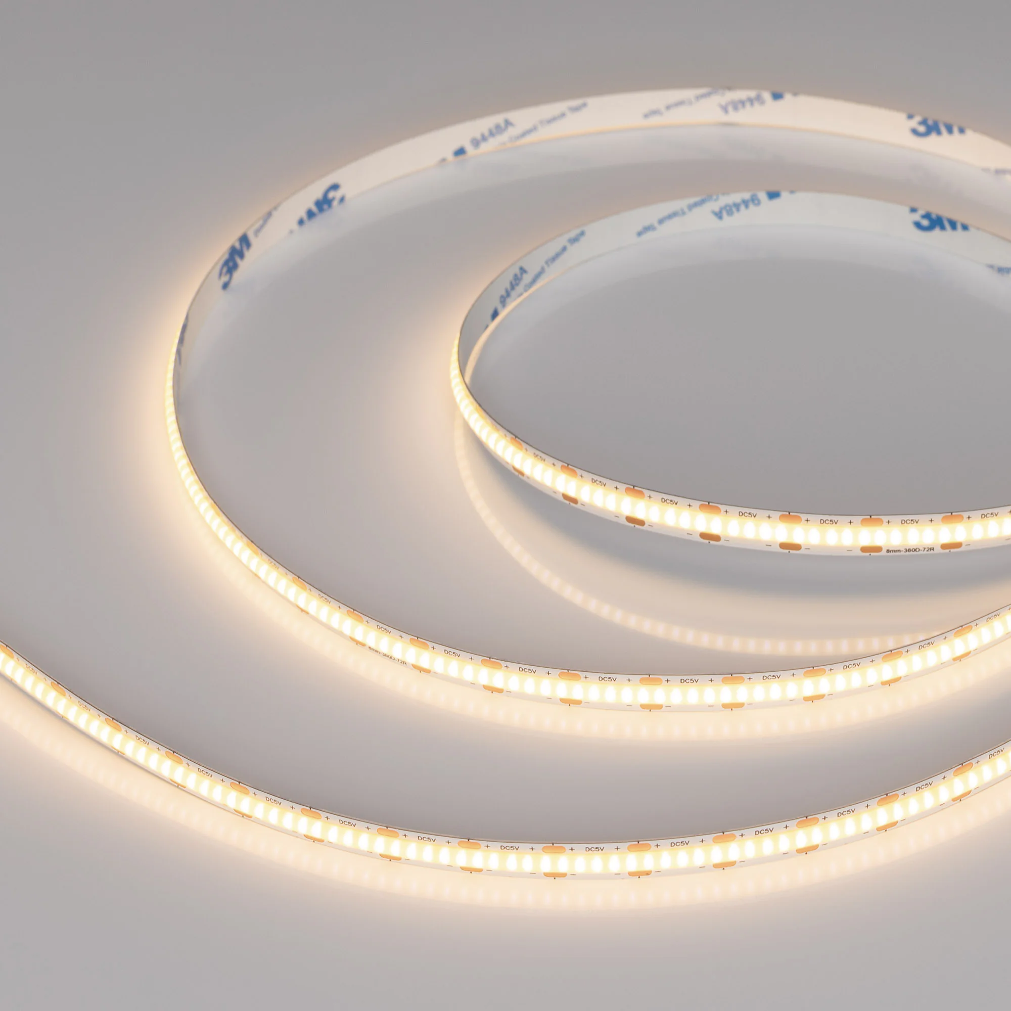 Лента COB-X360-8mm 5V Warm3000 (5 W/m, IP20, CSP, 5m) 041704 - Лента COB сплошной засветки без видимых светодиодов. Светодиоды CSP 360 шт/м. Цвет свечения ТЕПЛЫЙ 3000K, высокий индекс цветопередачи CRI>90, угол 150°. Мощность 5 Вт/м, питание 5 В. Размеры 