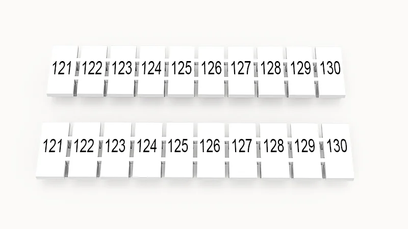 Марк.  полоска ZB6-10P-19-24Z(H) - Маркировочные шильдики для клемм WS…, DC…, PC…, сечением 4 мм кв., центральная, 10 шильдиков нанесенные символы: 121-130, с вертикальным расположением, размер шильдика: 5,55х10,7 мм, цвет белый