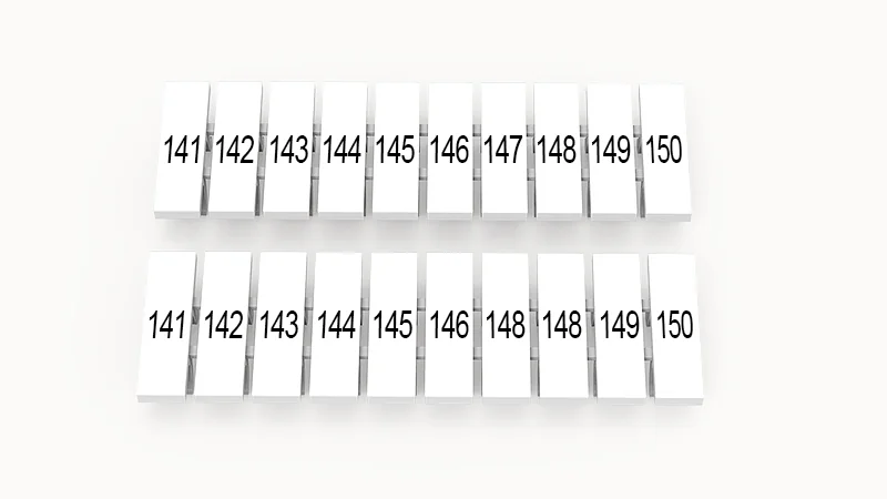 Марк.  полоска ZB3.5-10P-19-24Z(H) - Маркировочные шильдики для клемм DS…, сечением 1,5 мм кв., центральная, 10 шильдиков нанесенные символы: 141-150, с вертикальным расположением, размер шильдика: 2,95х10,7 мм, цвет белый
